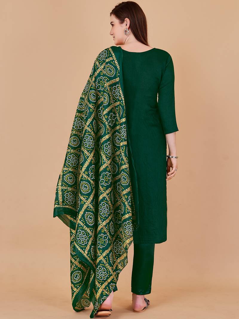 Green banarasi silk meenakari dress material with bandhani printed chinnon dupatta