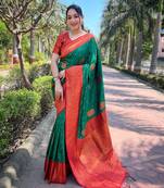 Green zari woven soft silk women's saree with blouse piece