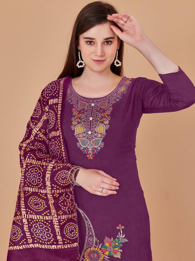Purple banarasi silk meenakari dress material with bandhani printed chinnon dupatta