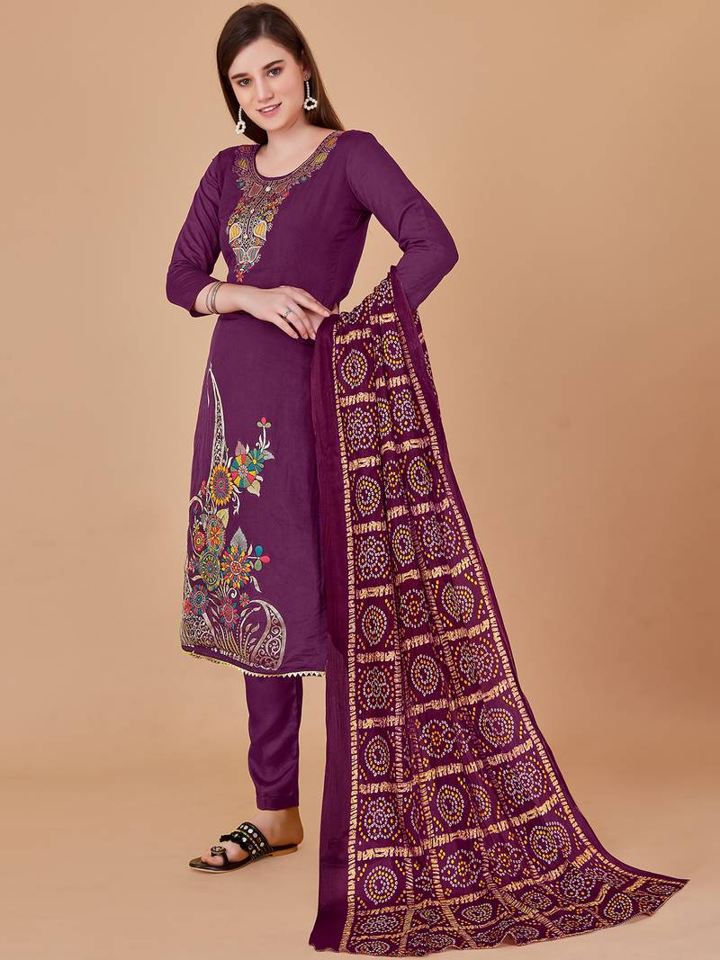 Purple banarasi silk meenakari dress material with bandhani printed chinnon dupatta