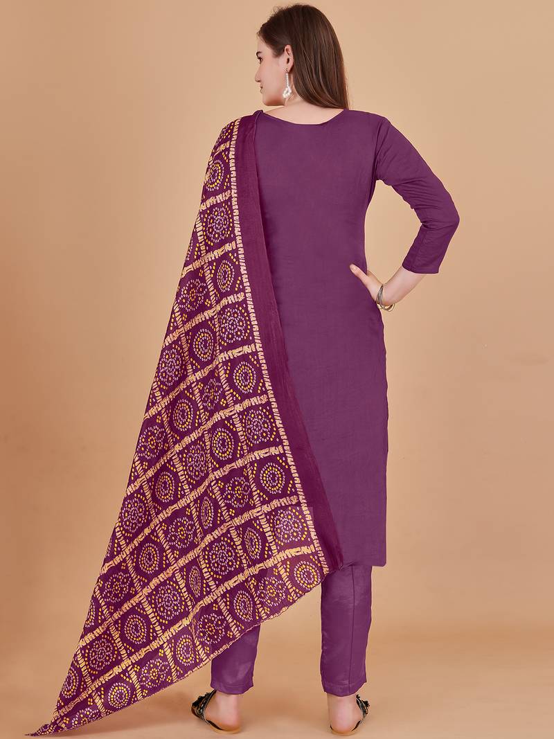 Purple banarasi silk meenakari dress material with bandhani printed chinnon dupatta
