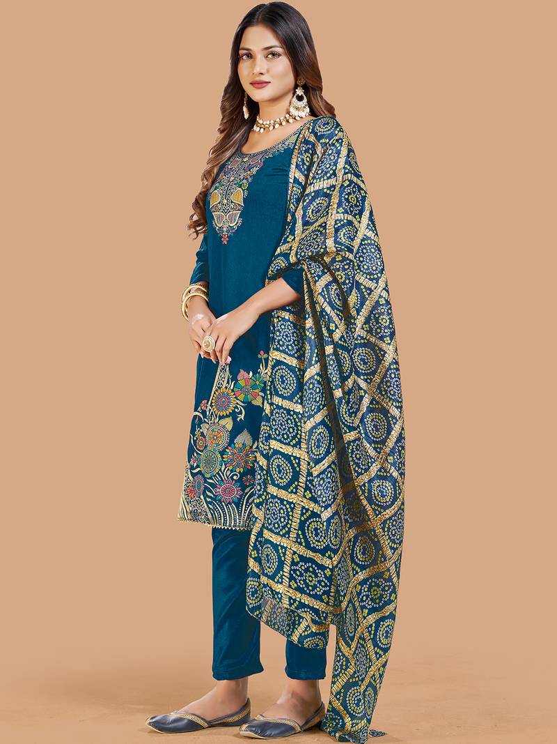 Teal blue banarasi silk meenakari dress material with bandhani printed chinnon dupatta