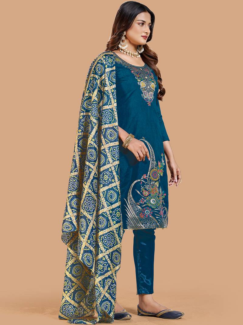 Teal blue banarasi silk meenakari dress material with bandhani printed chinnon dupatta