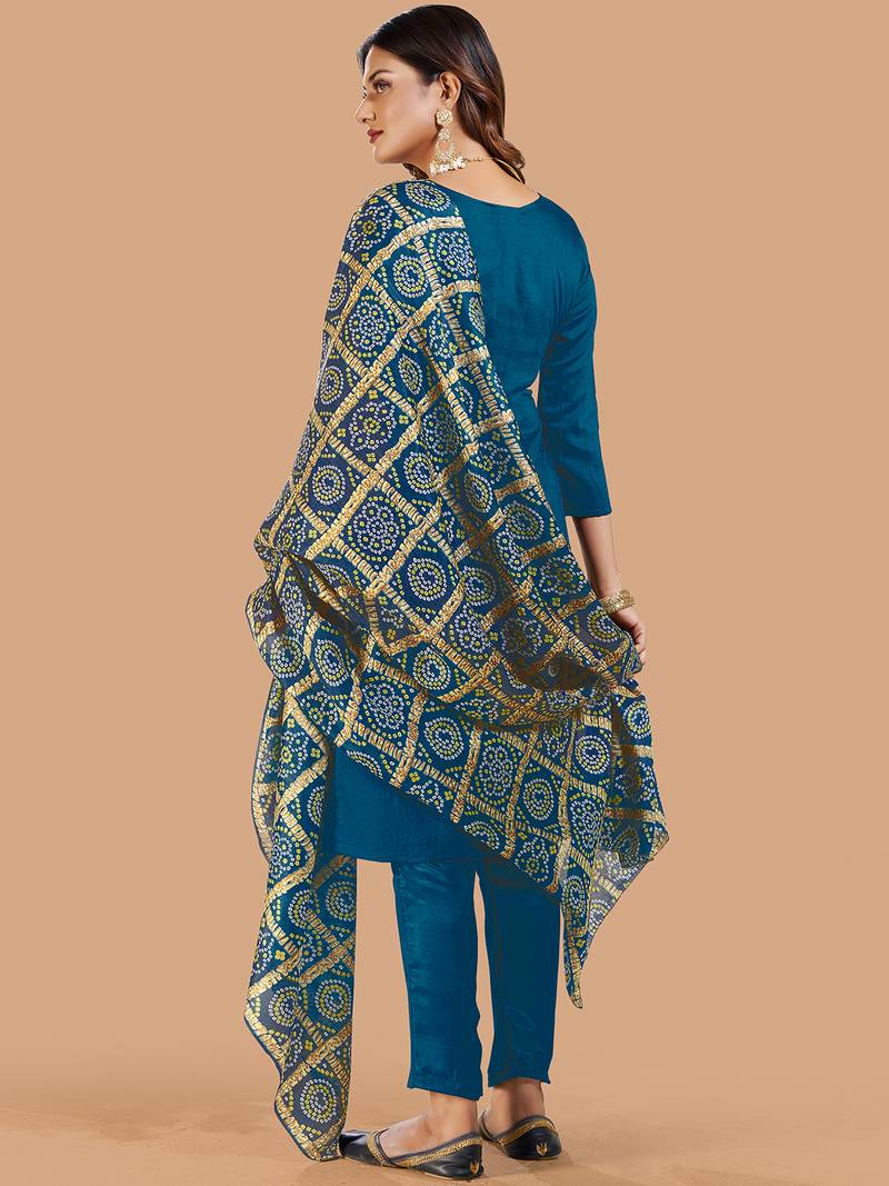 Teal blue banarasi silk meenakari dress material with bandhani printed chinnon dupatta