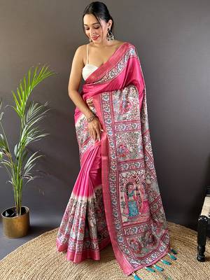 Blue digital print tussar silk saree with unstitched blouse piece 1