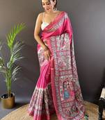 Blue digital print tussar silk saree with unstitched blouse piece