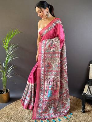 Blue digital print tussar silk saree with unstitched blouse piece 2