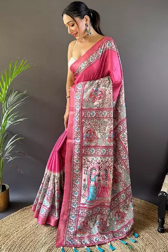 Blue digital print tussar silk saree with unstitched blouse piece