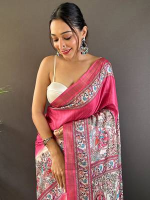 Blue digital print tussar silk saree with unstitched blouse piece 3