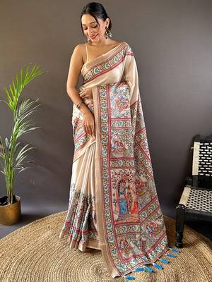 Green digital print tussar silk saree with unstitched blouse piece 1