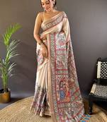 Green digital print tussar silk saree with unstitched blouse piece