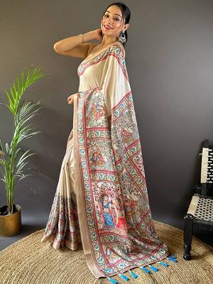 Green digital print tussar silk saree with unstitched blouse piece 2
