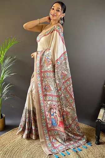 Green digital print tussar silk saree with unstitched blouse piece