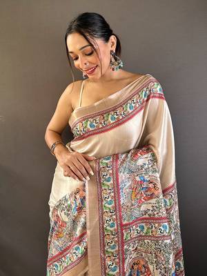 Green digital print tussar silk saree with unstitched blouse piece 3