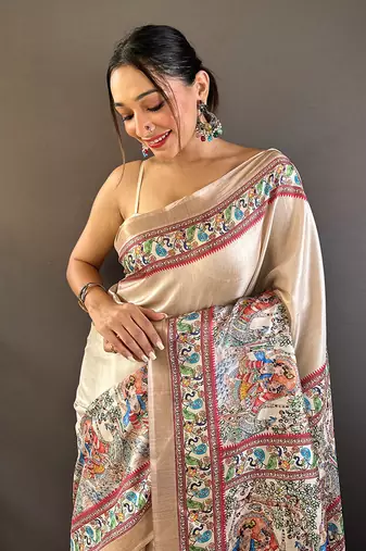 Green digital print tussar silk saree with unstitched blouse piece