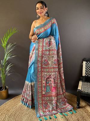 Pink digital print tussar silk saree with unstitched blouse piece 1