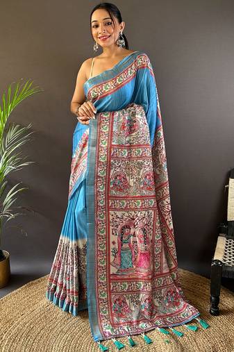 Pink digital print tussar silk saree with unstitched blouse piece