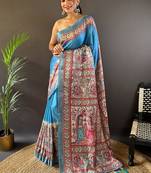 Pink digital print tussar silk saree with unstitched blouse piece