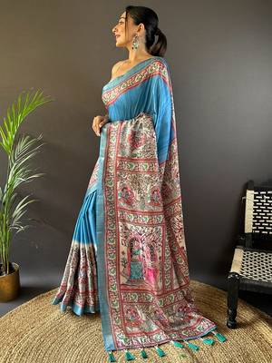 Pink digital print tussar silk saree with unstitched blouse piece 2