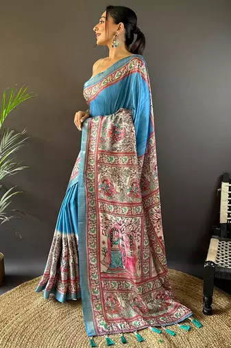 Pink digital print tussar silk saree with unstitched blouse piece
