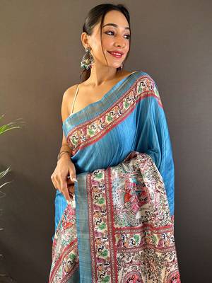 Pink digital print tussar silk saree with unstitched blouse piece 3