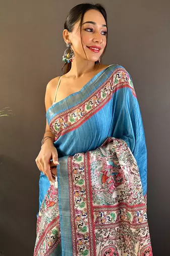 Pink digital print tussar silk saree with unstitched blouse piece