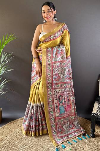 Purple digital print tussar silk saree with unstitched blouse piece