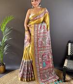 Purple digital print tussar silk saree with unstitched blouse piece