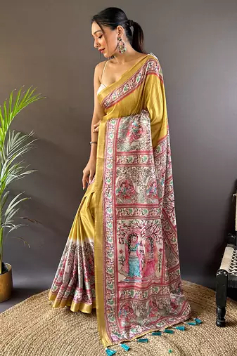 Purple digital print tussar silk saree with unstitched blouse piece