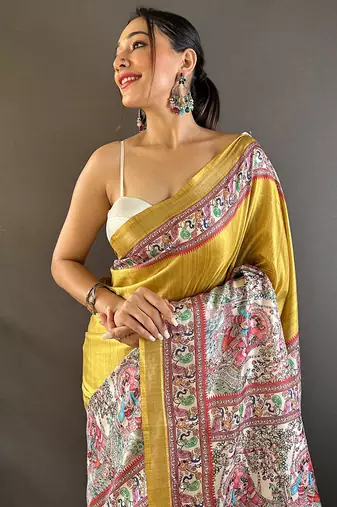 Purple digital print tussar silk saree with unstitched blouse piece