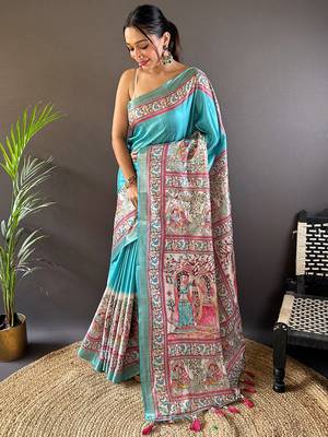 Red digital print tussar silk saree with unstitched blouse piece 1