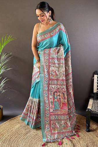 Red digital print tussar silk saree with unstitched blouse piece
