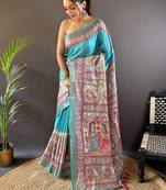 Red digital print tussar silk saree with unstitched blouse piece