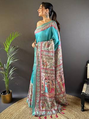 Red digital print tussar silk saree with unstitched blouse piece 2