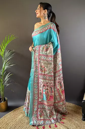 Red digital print tussar silk saree with unstitched blouse piece