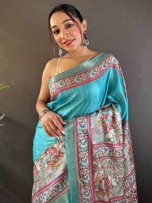 Red digital print tussar silk saree with unstitched blouse piece 3