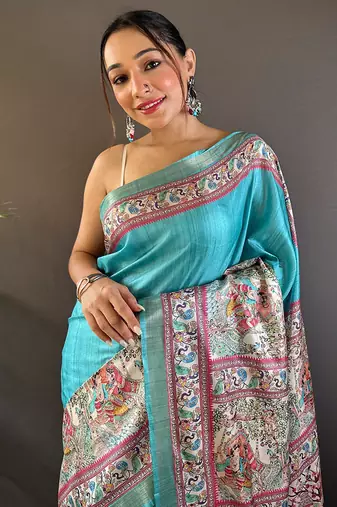 Red digital print tussar silk saree with unstitched blouse piece