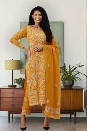 hand embroidered mustard georgette lucknowi chikankari unstitched suit piece 