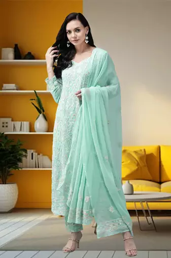 hand embroidered sea green georgette lucknowi chikankari unstitched suit piece 