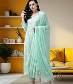 hand embroidered sea green georgette lucknowi chikankari unstitched suit piece 