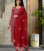 hand embroidered red georgette lucknowi chikankari unstitched suit piece 