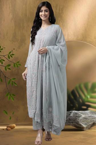 hand embroidered grey georgette lucknowi chikankari unstitched suit piece 
