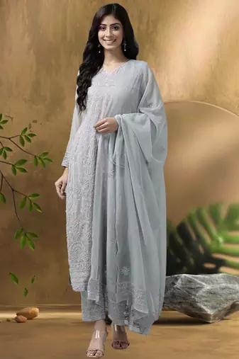 hand embroidered grey georgette lucknowi chikankari unstitched suit piece 
