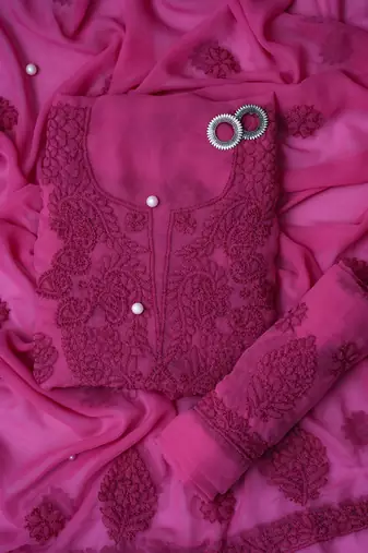 hand embroidered magenta georgette lucknowi chikankari unstitched suit piece 