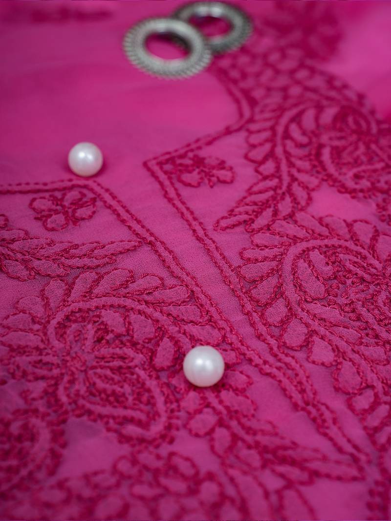 hand embroidered magenta georgette lucknowi chikankari unstitched suit piece 