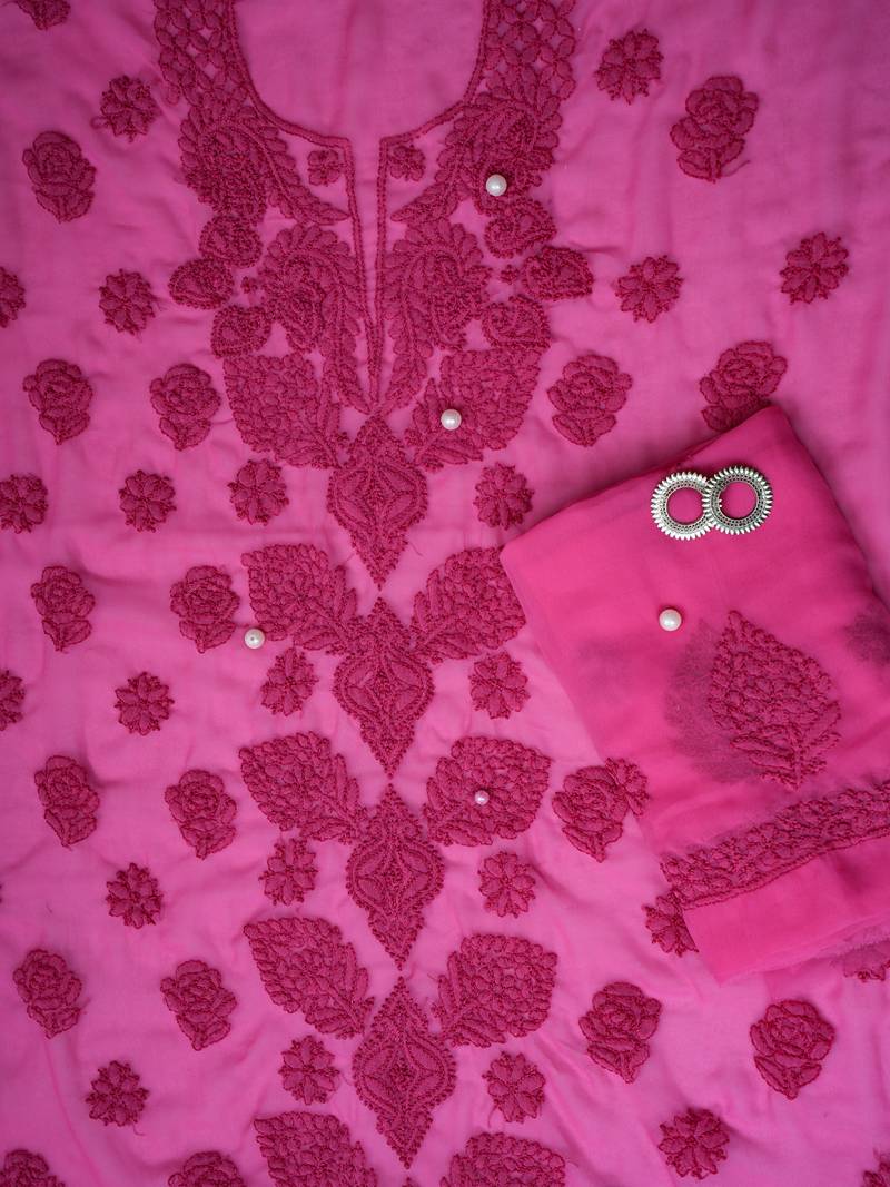 hand embroidered magenta georgette lucknowi chikankari unstitched suit piece 