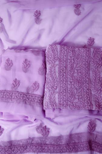 hand embroidered mauve georgette lucknowi chikankari unstitched suit piece 
