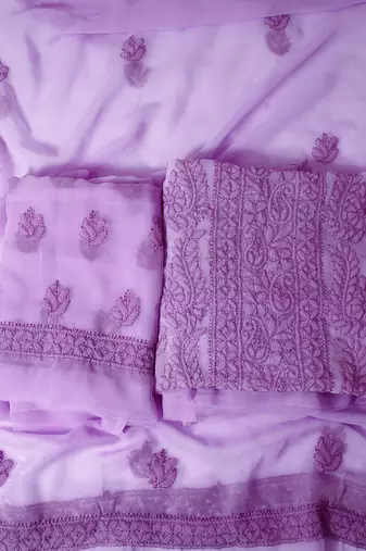 hand embroidered mauve georgette lucknowi chikankari unstitched suit piece 