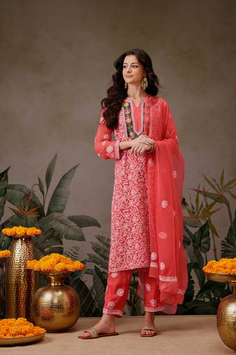hand embroidered carrot pink georgette lucknowi chikankari unstitched suit piece with parsi work 