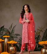 hand embroidered carrot pink georgette lucknowi chikankari unstitched suit piece with parsi work 